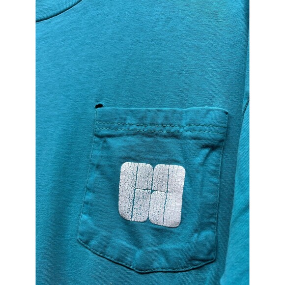 Vintage 80s 90s Teal green super soft Pocket t shirt Hanes Beefy Large - Picture 2 of 10